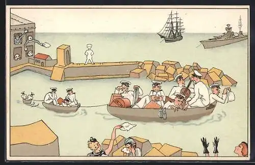 AK R. Accademia Navale, Matrosen im Hafen, Kriegsschiff im Hintergrund