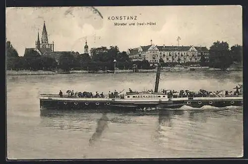AK Konstanz, Salondampfer Arenaberg, das Münster und das Insel-Hotel vom Bodensee aus gesehen