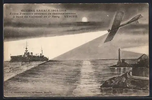 AK Avion Francais rentrant de reconnaissance à bord du Cuirassé de 1. Rang