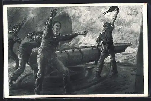 Künstler-AK Kriegsschiff Matrosen am Torpedorohr im Gefecht