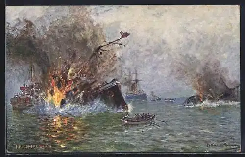 Künstler-AK Deutsches U-Boot U9 schiesst engl. Panzerkreuzer Aboukir, Hogue & Cressy in den Grund