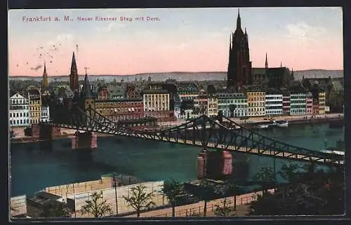 Glitzer-Perl-AK Alt-Frankfurt, Eiserner Steg und Dom