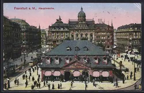 AK Frankfurt a. M., Hauptwache mit Strassenbahnen aus der Vogelschau