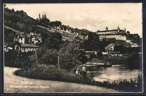 AK Würzburg, Mainpartie mit Festung u. Käppele