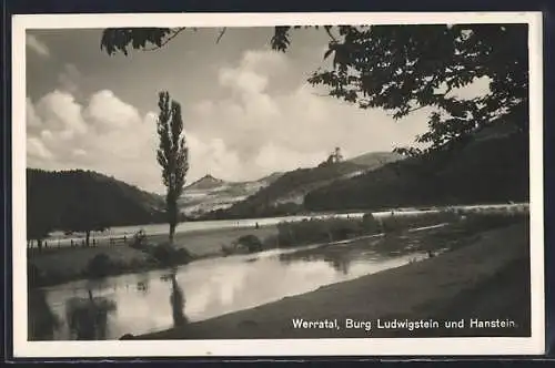 AK Burg Ludwigstein /Werratal, Flusspartie mit Burgen Ludwigstein und Hanstein