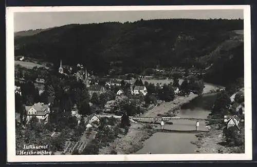 AK Herchen /Sieg, Totalansicht mit Siegbücke aus der Vogelschau