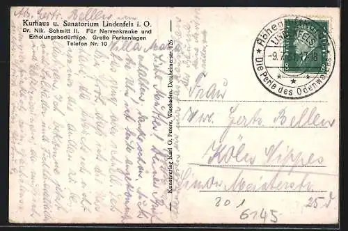 AK Lindenfels i. O., Kurhaus und Sanatorium Dr. Nik. Schmitt