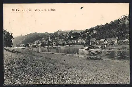AK Wehlen a. d. Elbe /Sächs. Schweiz, Blick auf die Elbe mit Dampfer