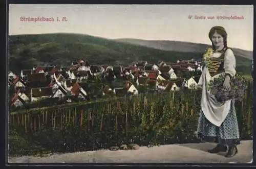 AK Strümpfelbach i. R., S` Gretle in Tracht bei der Weinlese vor der Ortschaft