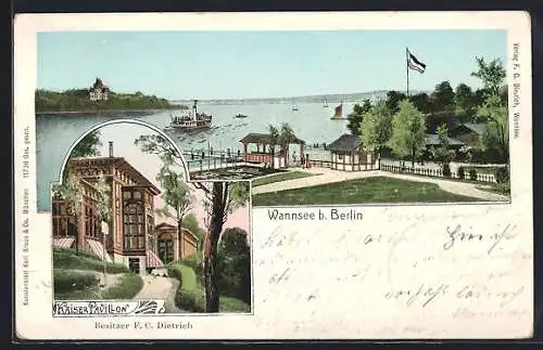 Goldfenster-AK Wannsee b. Berlin, Gasthaus Kaiser-Pavillon v. F. C. Dietrich, Seeblick
