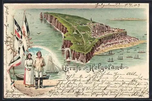 Lithographie Helgoland, Insel aus der Vogelschau, Helgoländer Paar in typischer Tracht