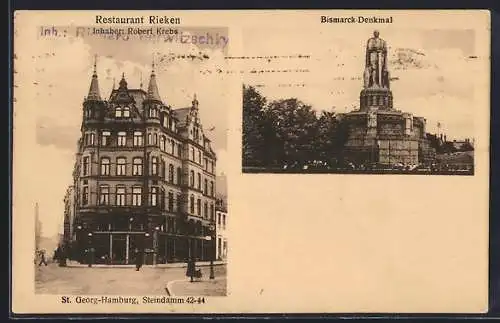 AK Hamburg-St. Georg, Restaurant Rieken, Steindamm 42-44, Bismarck-Denkmal