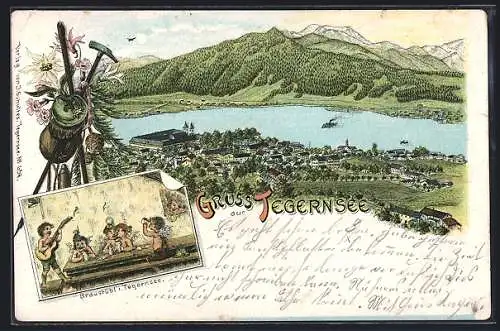 Lithographie Tegernsee, Braustübl im Tegernsee, Gesamtansicht