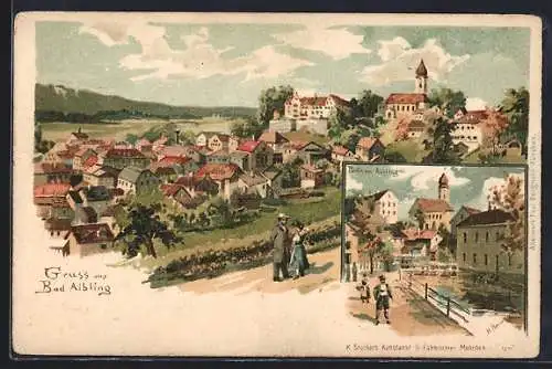 Lithographie Bad Aibling, Teilansicht, Ortspartie