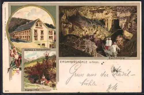 Lithographie Hasel, Gasthaus zur Erdmannshöhle, Inneres der Bachhöhle, Eingang zur Höhle, Zwerg