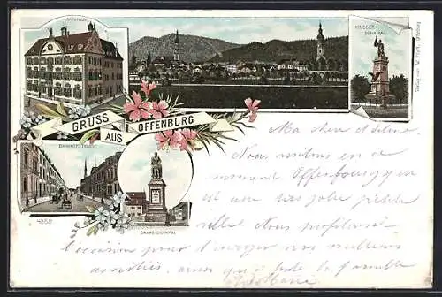 Lithographie Offenburg, Bahnhofstrasse, Rathaus, Drake-Denkmal und Kriegerdenkmal
