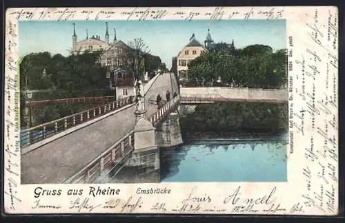 Goldfenster-AK Rheine, Emsbrücke mit Strassenpartie