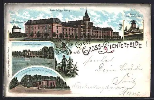 Lithographie Gross-Lichterfelde, Garde-Schützen-Kaserne, Jagdschloss Grunewald, Scheibenstand d. Garde-Schützen
