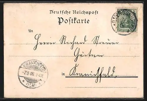 Lithographie Erfurt, Bahnhof, Regierungsgebäude und Post