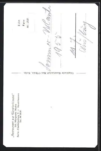 AK Berlin-Charlottenburg, Restaurant zur Künstlerklause, Inh. Margarete Mucha, Havelchaussee