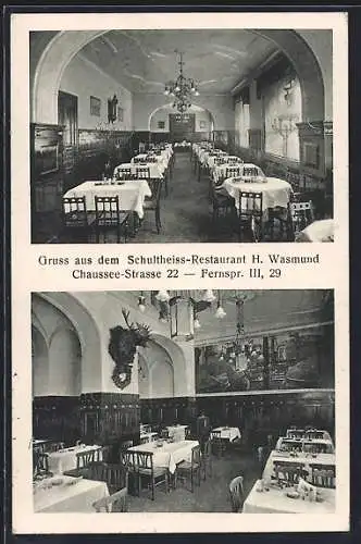 AK Berlin, Schultheiss-Restaurant H. Wasmund, Chausseestrasse 22