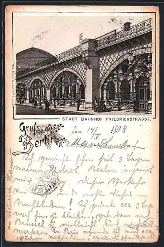 Lithographie Berlin, Stadt-Bahnhof Friedrichstrasse mit Passanten