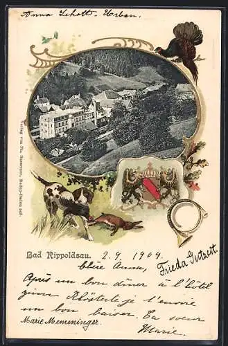 Passepartout-Lithographie Bad Rippoldsau / Schwarzwald, Blick vom Berg auf den Ort, Stadtwappen