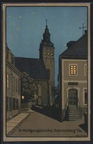Steindruck-AK Schneeberg i. Sa., St. Wolfgangskirche bei sternklarer Nacht