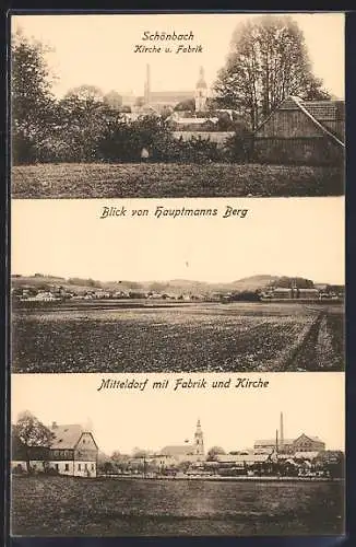 AK Schönbach / O.-L., Kirche und Fabrik, Blick von Hauptmanns Berg