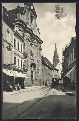 AK Freiburg i. Br., Bertholdstrasse mit Universitätskirche und Münsterturm