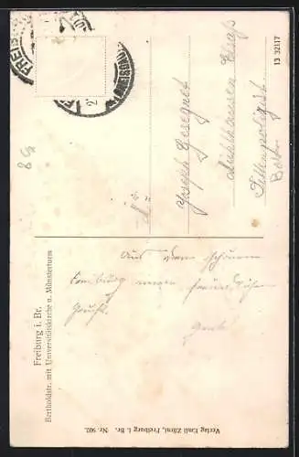 AK Freiburg i. Br., Bertholdstrasse mit Universitätskirche und Münsterturm