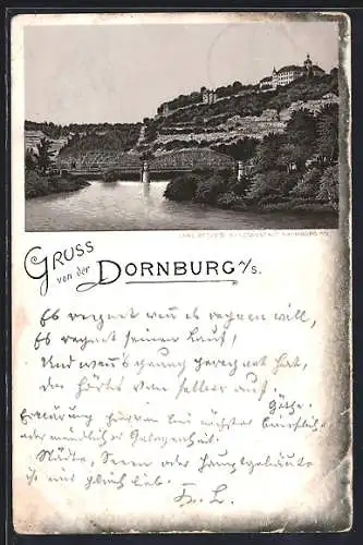 Lithographie Dornburg a. S., Flusspartie mit Brücke