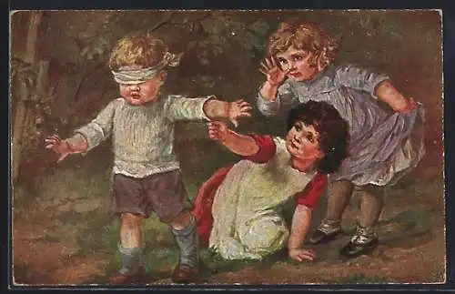 Künstler-AK Kleiner Junge und zwei Mädchen spielen Blindekuh