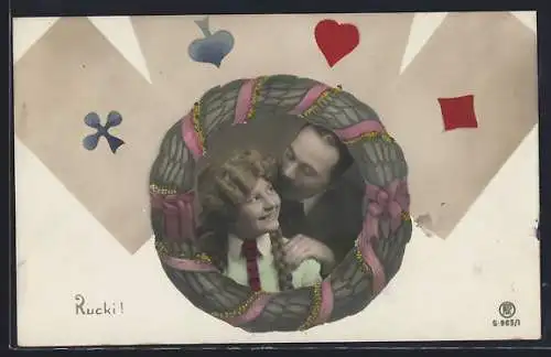 Foto-AK RPH Nr. S-965 /1: Fräulein mit einem Herrn im Kranz, Spielkarten