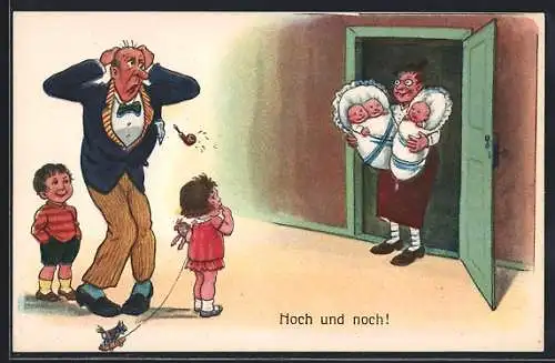 AK Frau mit drei Babys bei dem Vater in der Tür