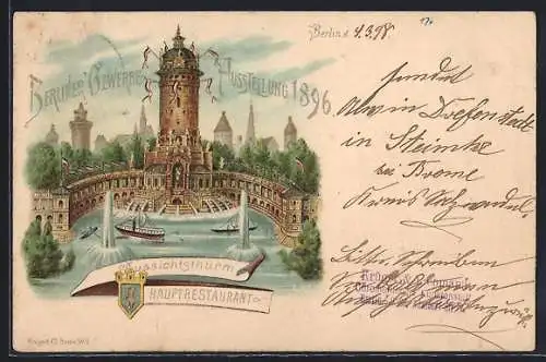 Lithographie Berlin, Berliner Gewerbe-Ausstellung 1896, Aussichtsturm mit Hauptrestaurant