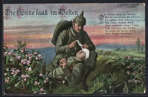 AK Spruch: Die Sonne sank im Westen, Soldat in Uniform versorgt einen verwundeten Kameraden