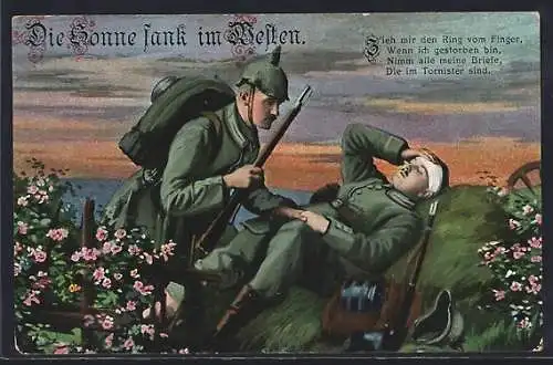 AK Die Sonne sank im Westen, Feldgrauer und sterbender Kamerad