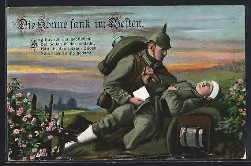 AK Spruch: Die Sonne sank im Westen, Soldat in Uniform nimmt den Feldpostbrief seines Kameraden