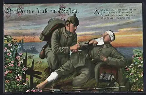 AK Spruch: Die Sonne sank im Westen, Verwundeter Soldat übergibt einen Feldpostbrief an seinen Kameraden