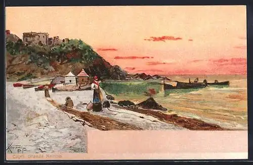 Lithographie Capri, Grande Marina, Fischersfrau am Hafen