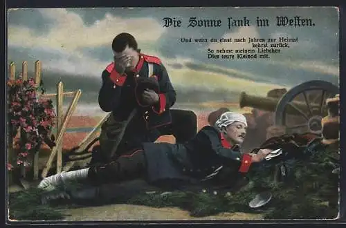 AK Die Sonne sank im Westen, Soldat bei seinem schwer verwundeten Kamerad, Rotes Kreuz