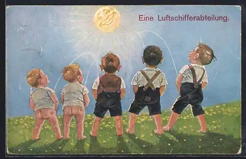 Künstler-AK kleine Jungen pinkeln gegen die Sonne