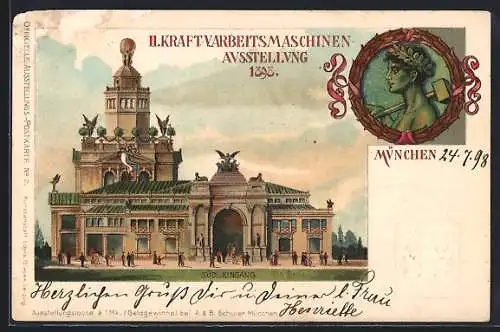 Lithographie München, II. Kraft- und Arbeitsmaschinen-Ausstellung 1898, Südlicher Eingang