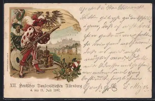 Lithographie Nürnberg, XII. Deutsches Bundesschiessen Juli 1897, Schütze mit Gewehr