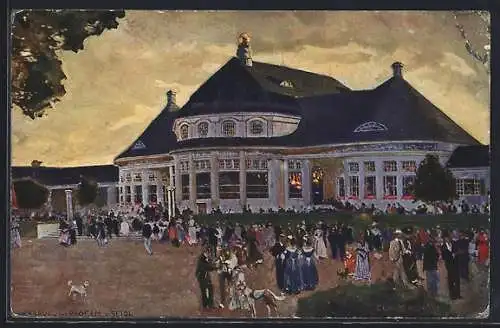 Künstler-AK Claus Bergen: München, Ausstellung 1908, Das Haupt-Restaurant, Ganzsache Bayern