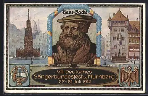 AK Nürnberg, VIII. Deutsches Sängerbundfest 1912, Hans Sachs, Harfe