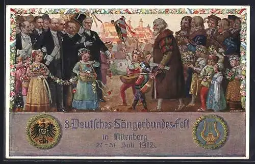 AK Nürnberg, VIII. Deutsches Sängerbundfest 1912, geschmückte Kinder, Harfe, Wappen