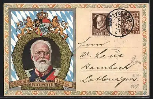 Künstler-AK Bayer. Briefmarken, Postbeamter bläst ins Horn, König Ludwig III..