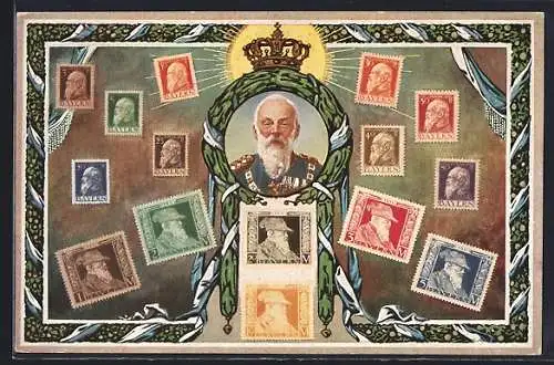 AK Portrait Prinzregent Luitpold in Uniform, Briefmarken aus Bayern